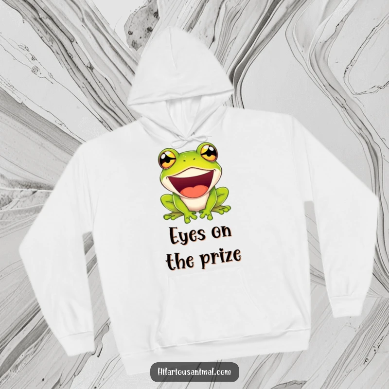 Funny hoodie featuring a green frog laughing with bulging eyes, offering warmth and comical amphibian charm.