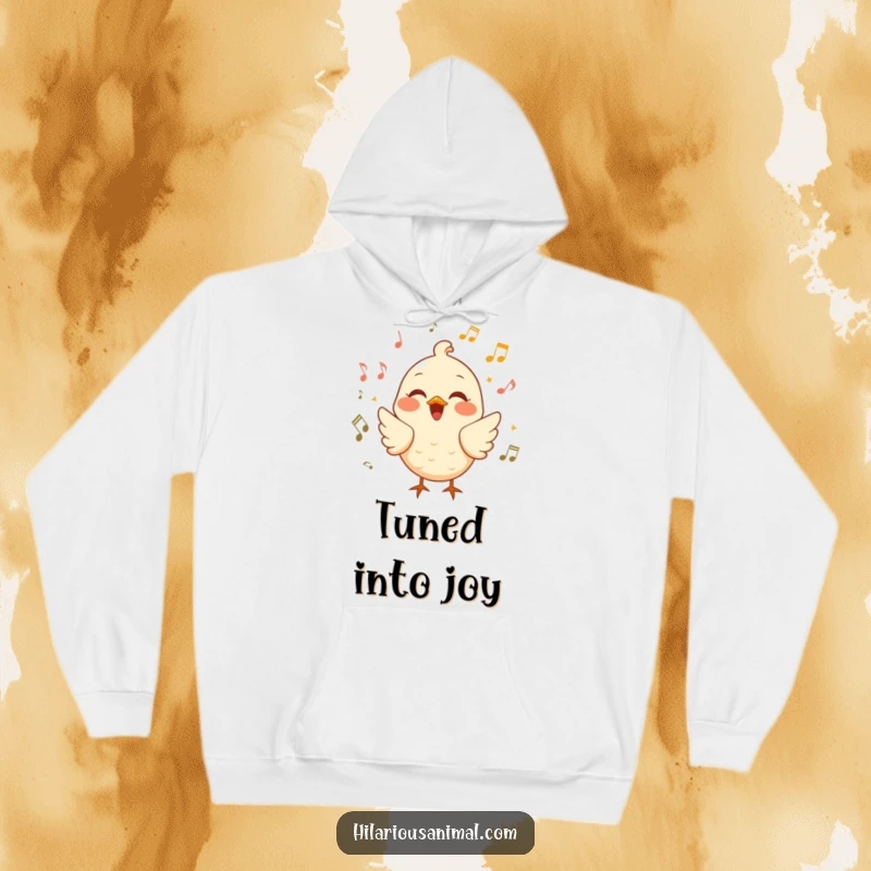 Funny cheerful bird hoodie, a laughing bird surrounded by musical notes, cozy and full of musical joy