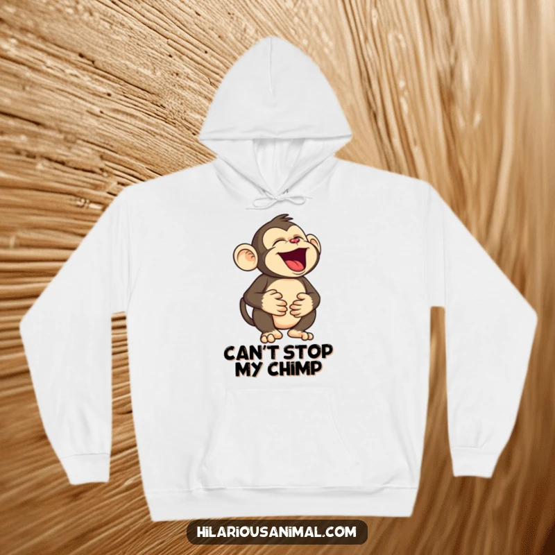 Funny monkey hoodie featuring a silly character holding its belly, roaring with laughter, offering supreme comfort and a hilarious dose of primate fun.