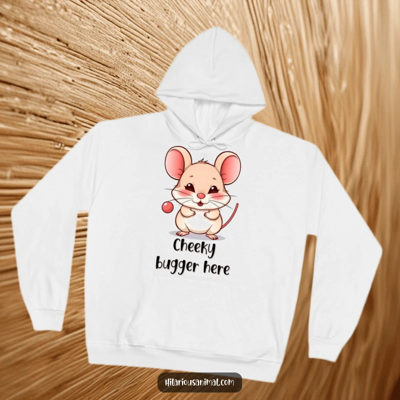 Funny Mouse Raspberry Hoodie - A warm hoodie featuring a tiny mouse blowing a raspberry with a mischievous grin, perfect for cozy, cheeky vibes.