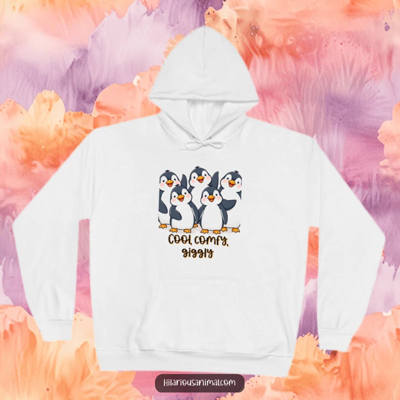 Funny Penguin Giggling Hoodie: A comfortable hoodie featuring happy penguins giggling with flippers raised, radiating warmth and hilarious Antarctic cheer.