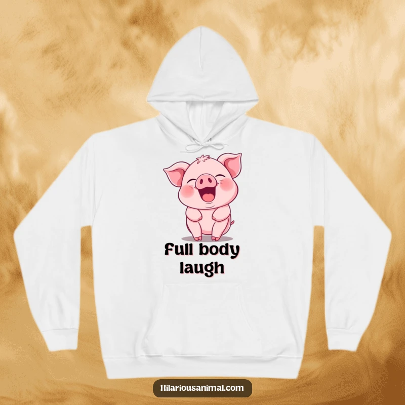 Funny pink piglet hoodie, its body visibly jiggling with uncontrollable laughter and pure, unadulterated mirth.