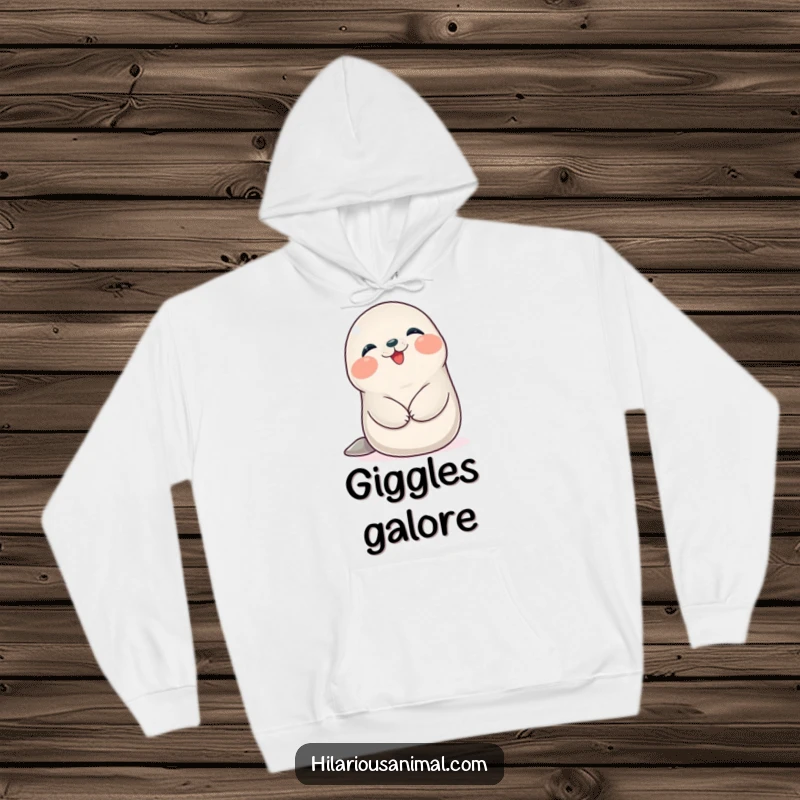 Funny Seal Cub Hoodie: A happy, plump seal cub giggling while holding its belly, the epitome of cozy joy.