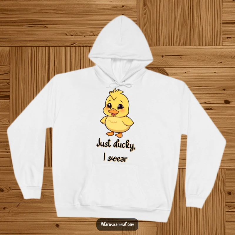 Funny wobbly duckling hoodie featuring a character quacking with pure amusement, radiating warmth, silliness, and joy for a cozy, humorous experience.