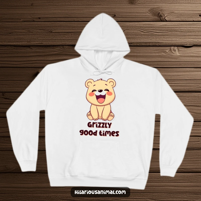 Funny bear cub with mouth wide open in a hearty laugh, on a cozy hoodie, radiating warmth and humor, a funny gift.