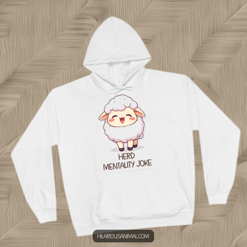Funny joyful fluffy sheep character chuckling, head thrown back on a hoodie, a cozy design exuding happiness, ideal for a funny gift.
