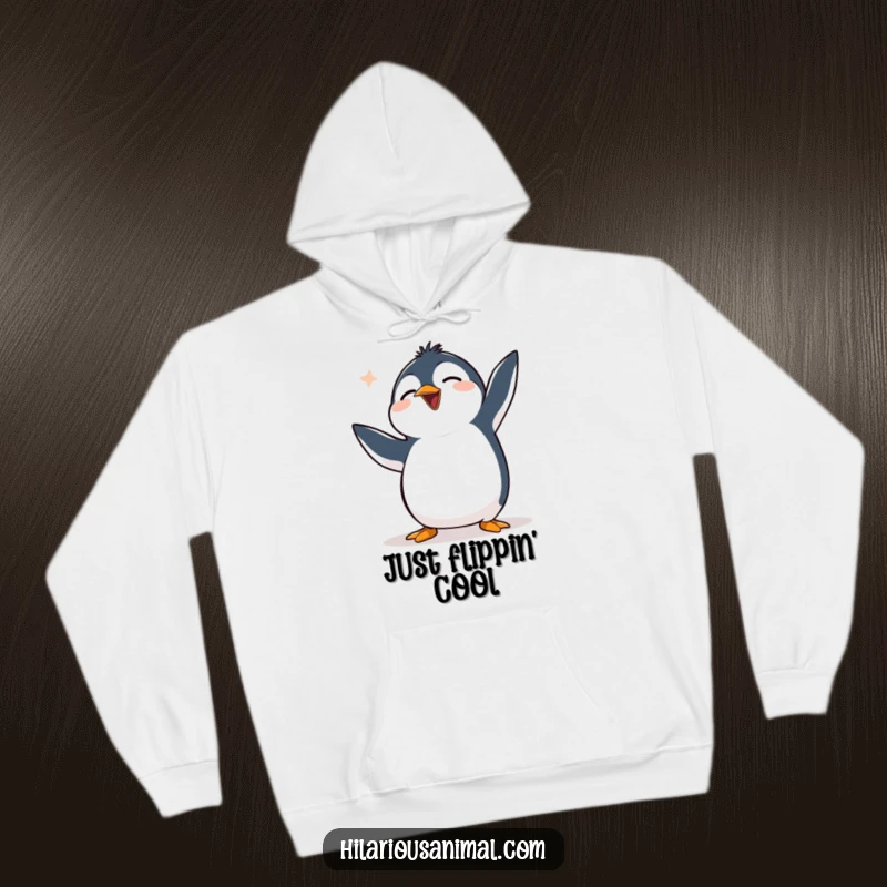 Funny clumsy penguin hoodie featuring a penguin flapping flippers wildly and chuckling, a warm and hilarious scene