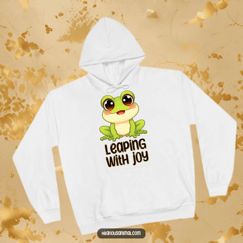 Funny happy frog hoodie with wide beaming eyes, soft and warm, depicted croaking joyfully, great for chilly days and animal humor.