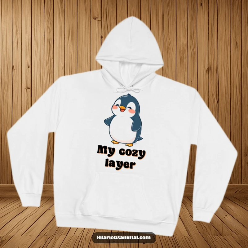 Funny penguin hoodie, warm and cozy, with a cute plump bird belly shaking from laughter, a perfect humorous gift.