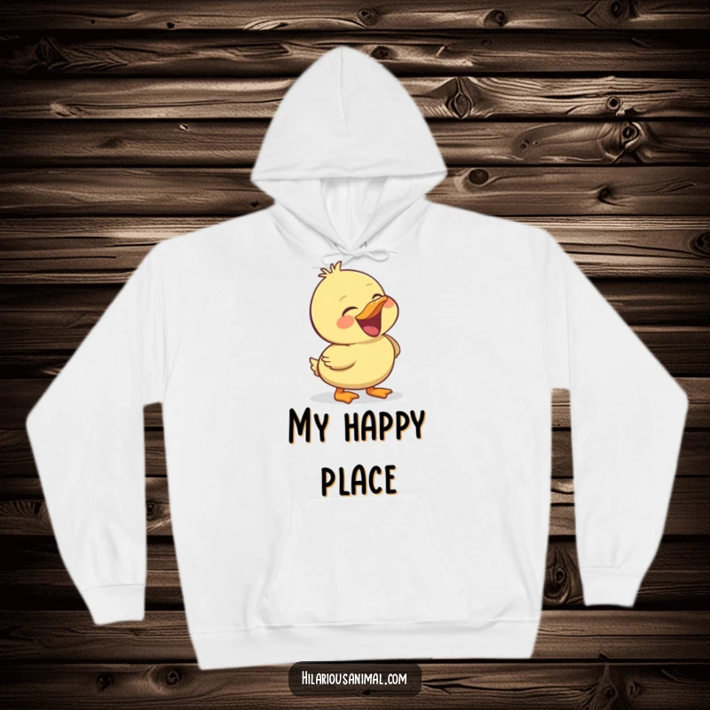 Funny duckling hoodie, warm and cozy, featuring a cheerful bird laughing heartily, a perfect humorous gift.