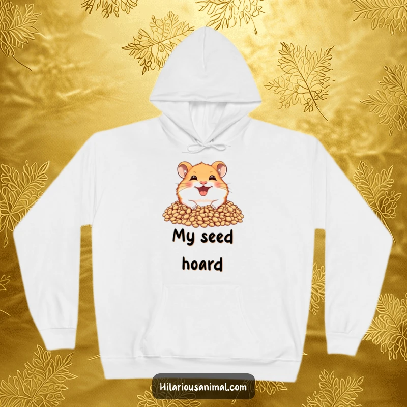 Funny hamster hoodie depicting a joyful hamster with a wide grin, peeking out from a pile of delicious seeds.