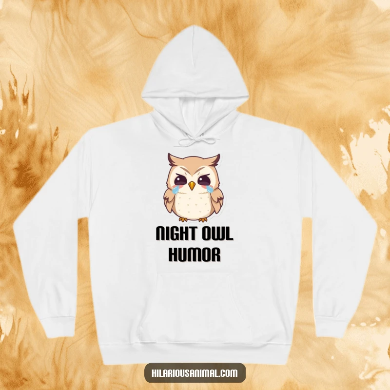Funny owl hoodie, warm and cozy, with a tiny bird laughing heartily with tears, a perfect humorous gift.