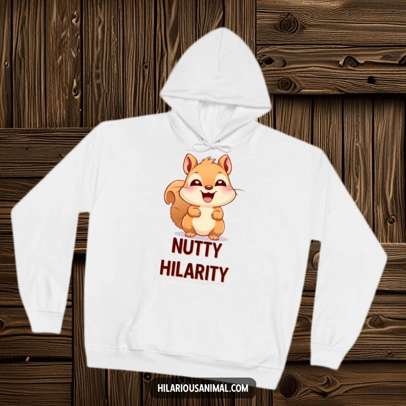 Funny happy squirrel with bright eyes, erupting in laughter, featured on a cozy hoodie, perfect for keeping warm and cheerful.
