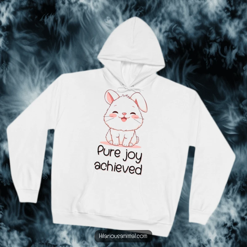 Funny bunny hoodie with a fluffy white rabbit snorting with absolute glee, ears flopped, symbolizing cozy happiness and cheerful moments.