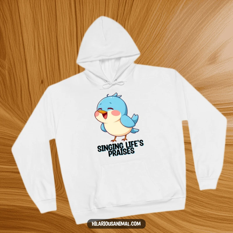 Funny Blue Bird Chirping Hoodie - A warm hoodie featuring a cheerful blue bird tilting its head back and singing joyfully, perfect for cozy vibes.