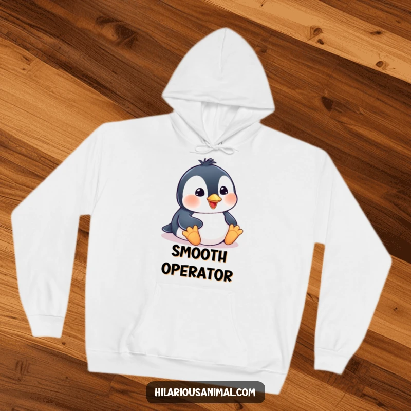Funny penguin cub hoodie, comfortably sliding on its belly with a happy smile, ideal for cozy and humorous wear.