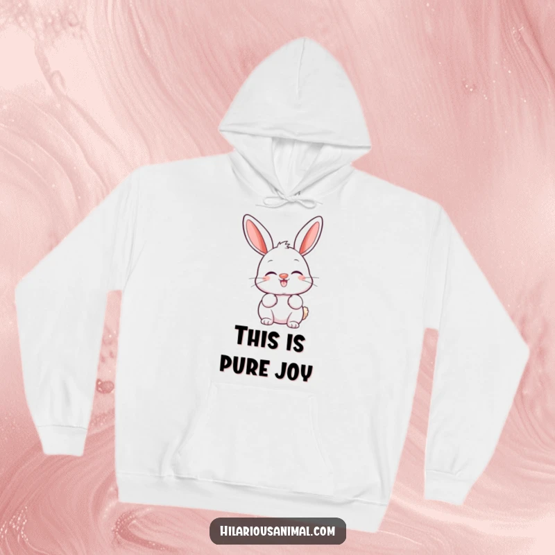 Funny bunny hoodie showing a happy bunny with a twitching nose and ears perked up, conveying amusement.