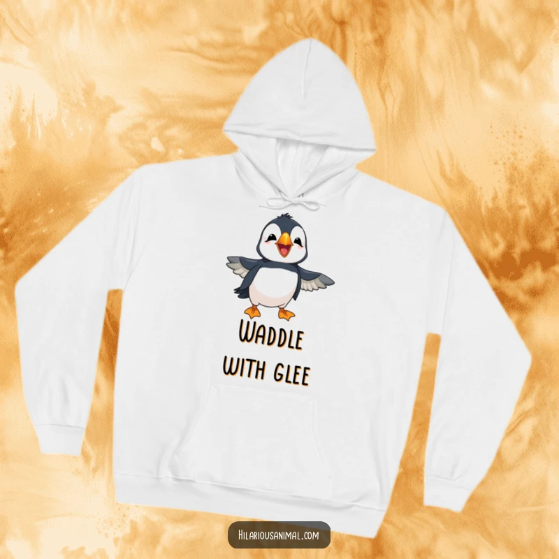 Funny cheerful puffin with wings flapping in amusement, laughing loudly, featured on a cozy hoodie, perfect for spreading warmth and cheer.