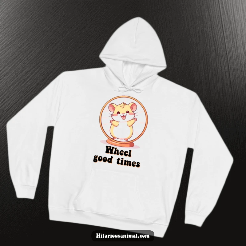 Funny Hamster Wheel Hoodie showing a happy hamster mid-spin, offering warmth and a humorous design for active or relaxed wear.