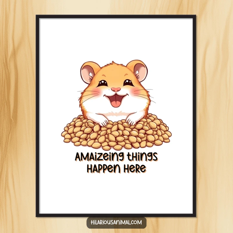 Funny Free Printable Wall Art: A joyful hamster with a wide grin peeks from a pile of seeds, radiating happiness.