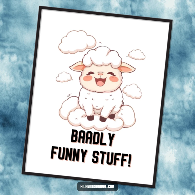 Funny Free Printable Wall Art: A bewildered sheep bleating with laughter, floating contentedly among fluffy white clouds.