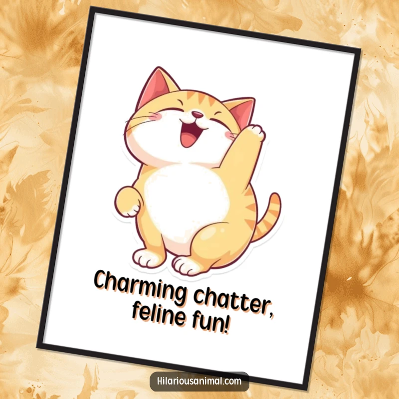 Funny Free Printable Wall Art of a happy cat arching its back and chattering with delight, adding whimsical charm.