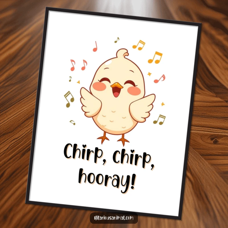 Funny Free Printable Wall Art of a cheerful bird chirping with infectious laughter, surrounded by playful musical notes.