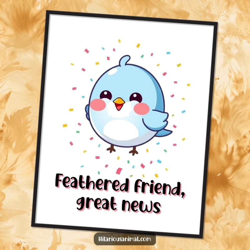 Funny Free Printable Wall Art: Round blue bird raining colorful confetti, a cheerful downloadable decor for any room.