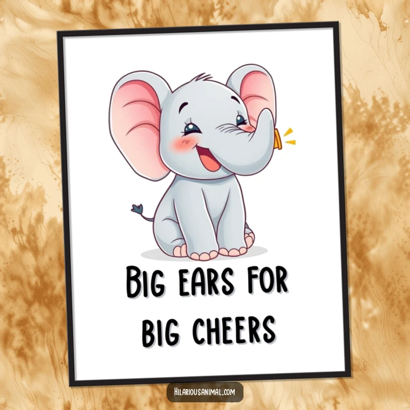 Funny Free Printable Elephant Wall Art: Gleeful cub trumpeting loudly, ears flapping, radiating pure, unadulterated happiness.