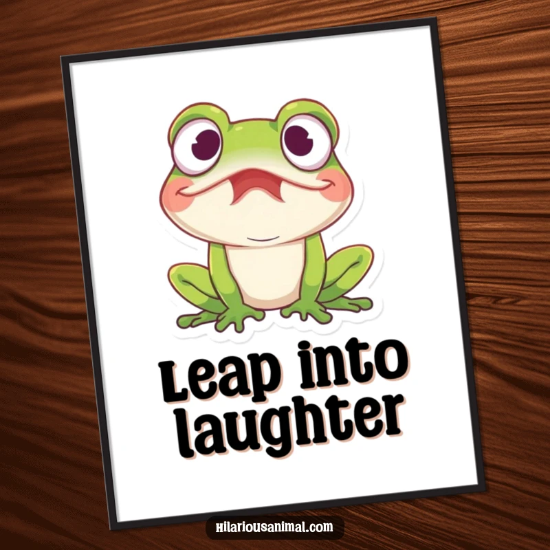 Funny Free Printable Wall Art depicting an amused frog with comically wide eyes, erupting into a fit of laughter.