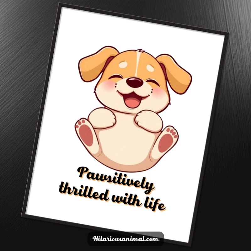 Funny Free Printable Wall Art: A giggling dog with floppy ears rolls on its back, radiating pure, uncontainable glee and amusement.