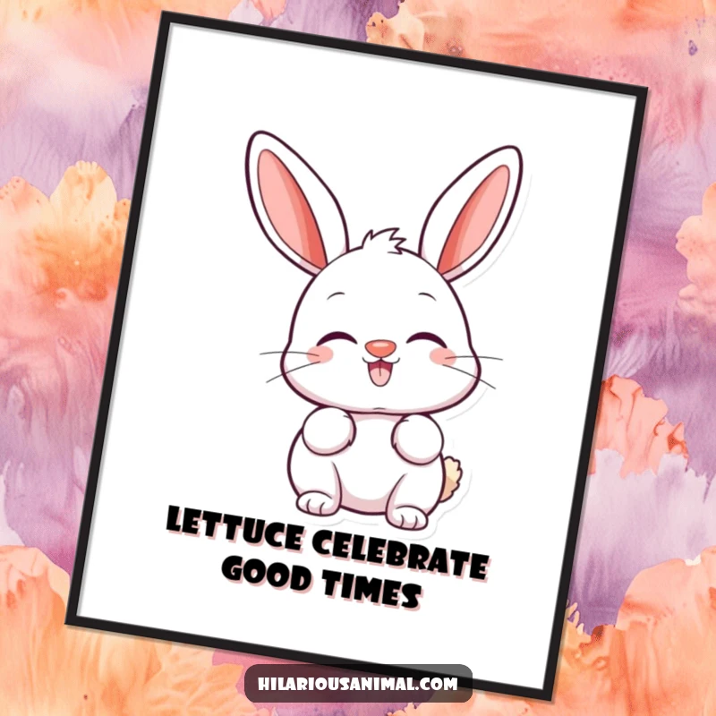 Funny Free Printable Wall Art: A happy bunny with a twitching nose and alert, perked ears looks around with wide-eyed amusement.