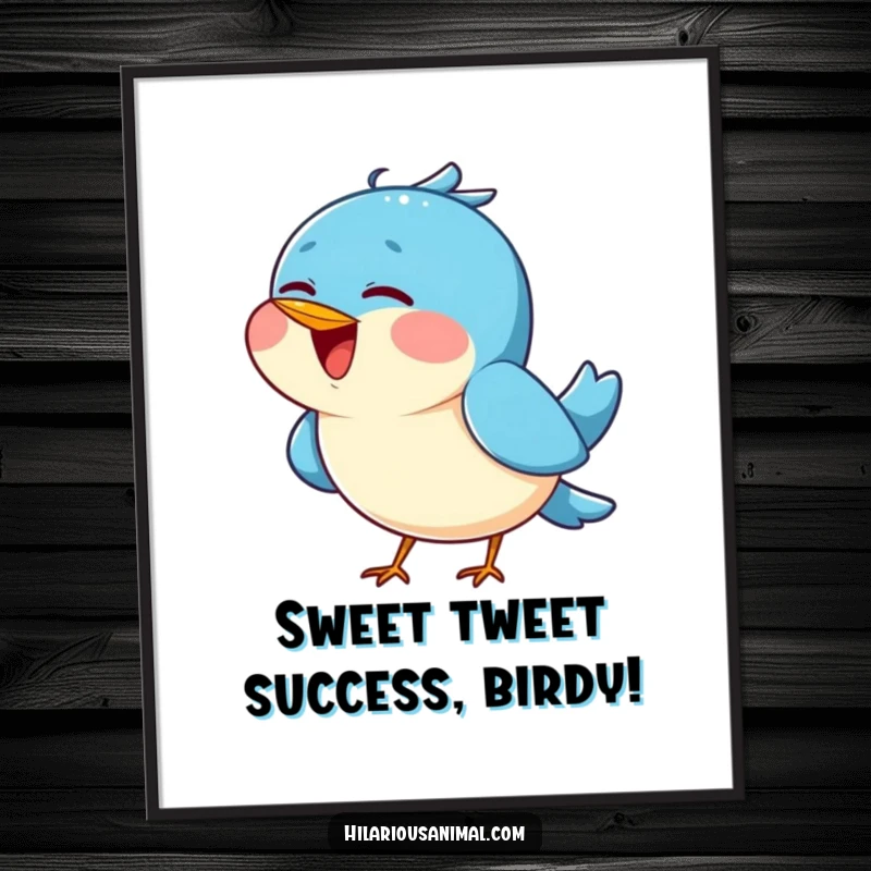 Funny Free Printable Wall Art: Cheerful blue bird tilting head back, chirping happily, vibrant animal art.