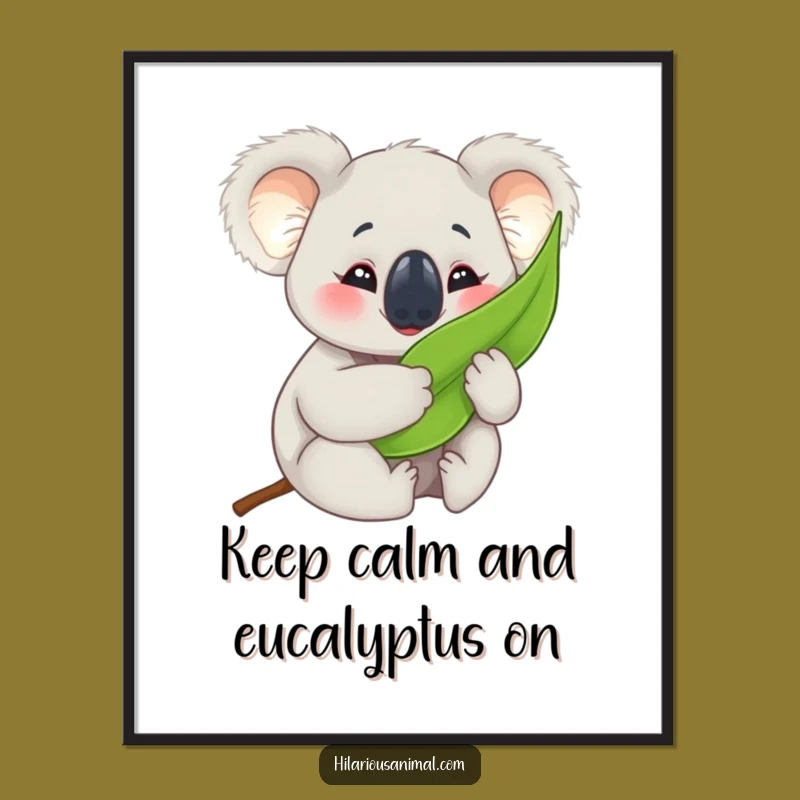 Free Printable Koala Wall Art: Happy Cub Hugging Eucalyptus Humorous Downloadable Decor