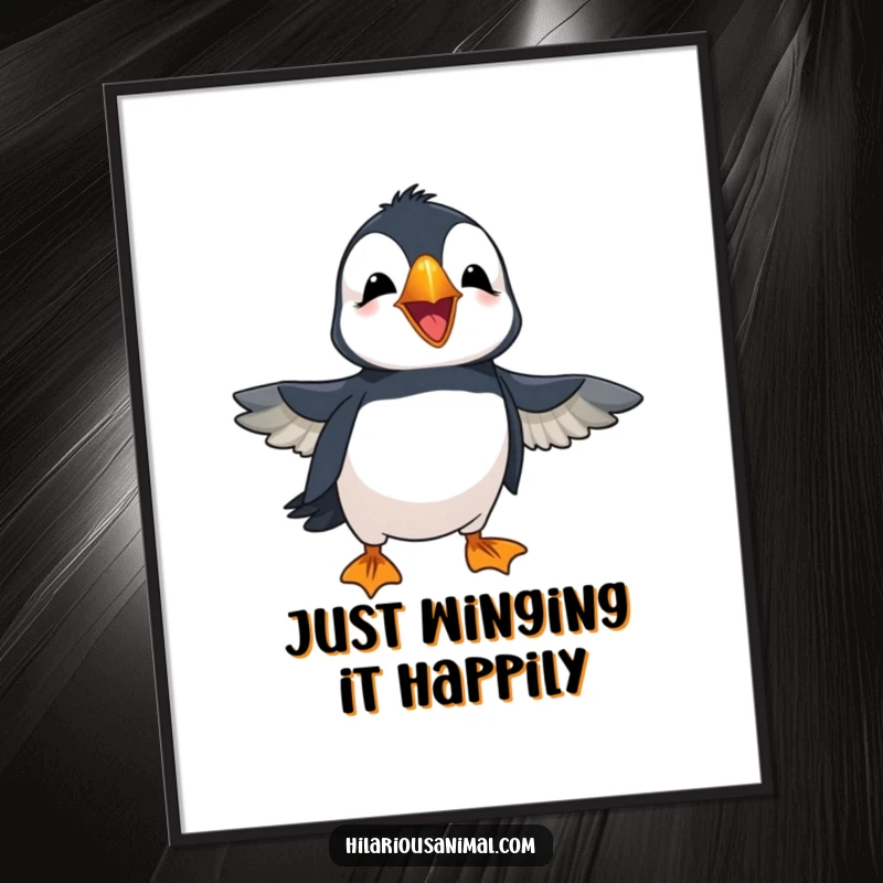Funny Free Printable Puffin Wall Art: A cheerful puffin flapping its wings loudly, caught in a moment of amusement.