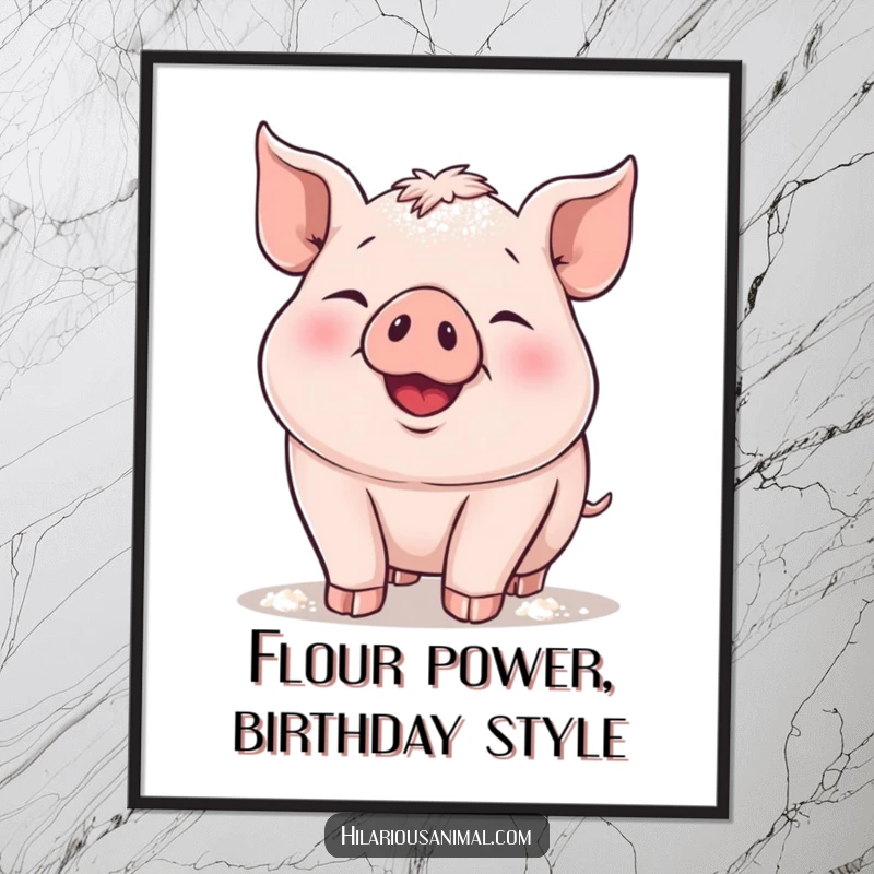 Funny Free Printable wall art of a plump piglet joyfully snorting, covered in a playful dusting of flour, adding a whimsical touch.