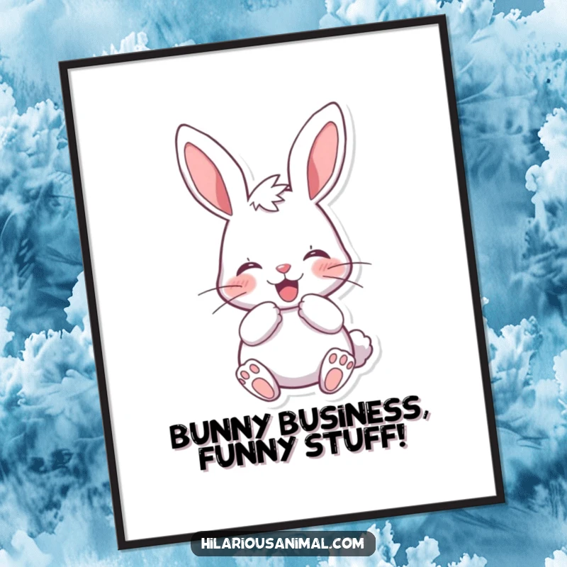 Funny Free Printable Wall Art of a cheerful bunny muffling a laugh behind its paws, radiating playful happiness.