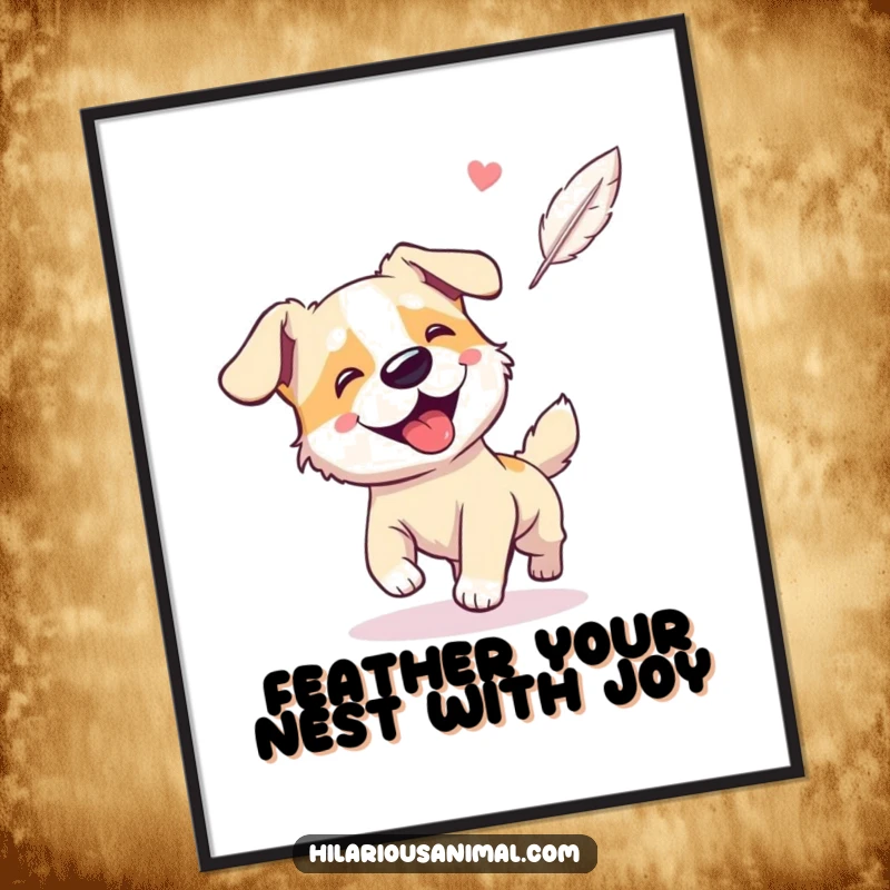 Funny Free Printable Wall Art: A giggling, panting dog caught in the delightful act of chasing a floating feather.