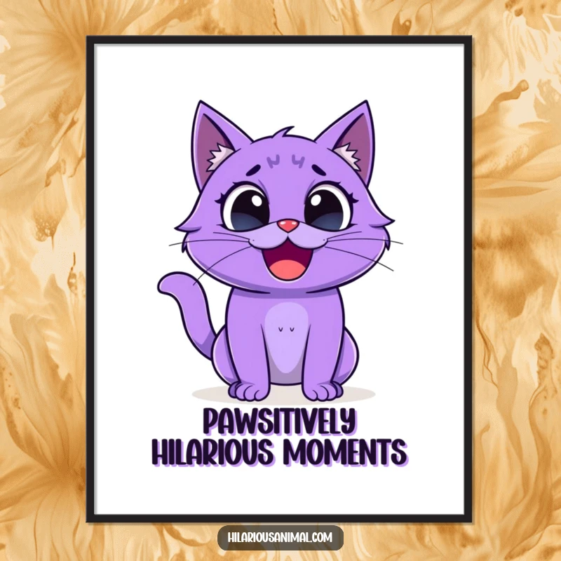 Funny Free Printable Wall Art: Purple cat with wide eyes bursts into uncontrollable laughter, creating humorous and charming downloadable art.