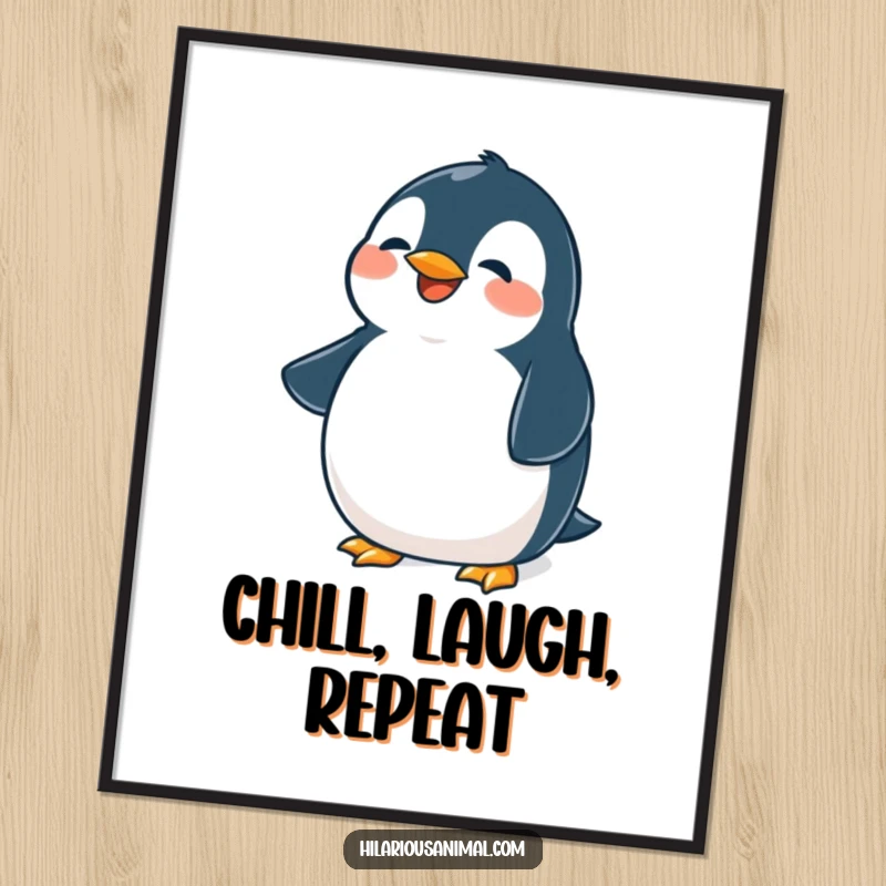 Funny Free Printable Wall Art: Cute, plump penguin chuckling, its belly shaking with laughter, a downloadable whimsical piece.