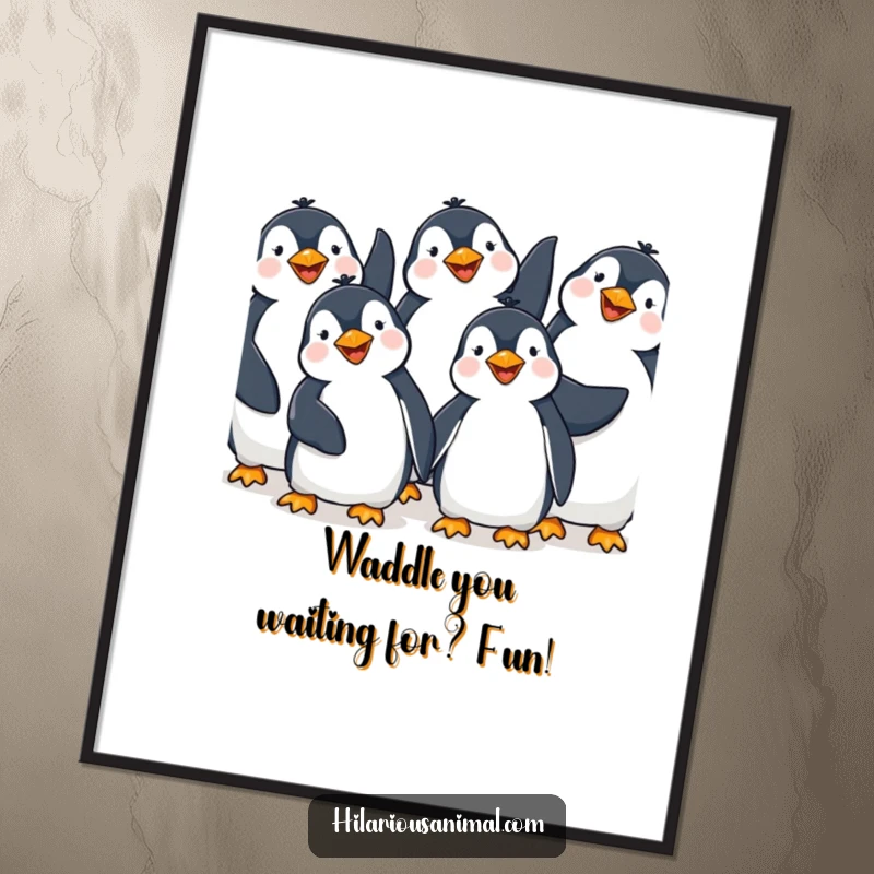 Funny Free Printable Wall Art: Happy penguins giggling with flippers up, perfect downloadable decor.