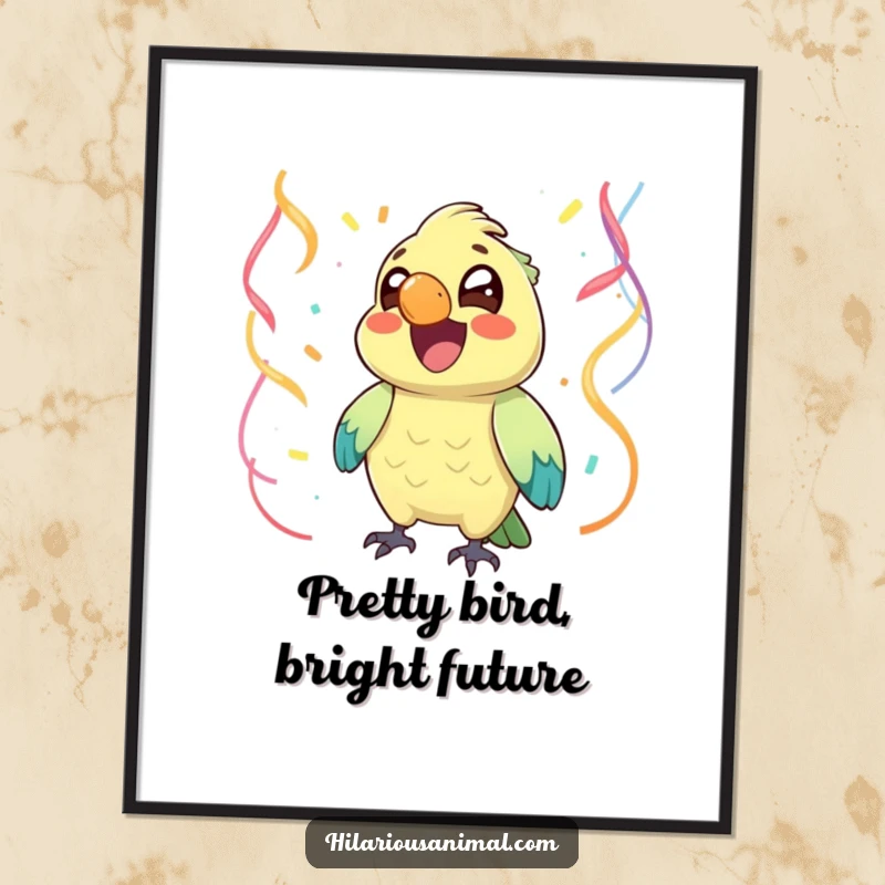 Funny Free Printable Wall Art of a joyful parrot with sparkling bright eyes, caught mid-chuckle surrounded by a cascade of colorful party streamers.