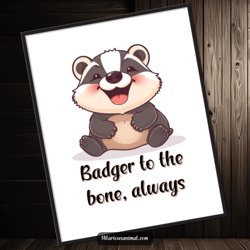 Funny Free Printable Wall Art: A delighted badger with a wide grin is captured mid-roll on the ground, radiating pure joy.