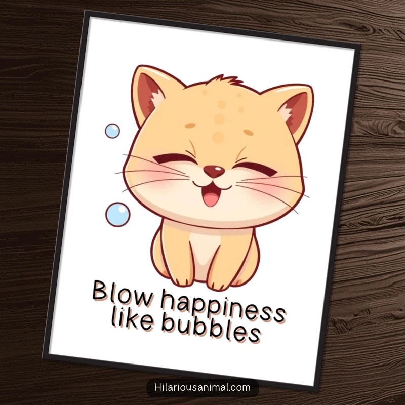 Funny Free Printable Wall Art depicting a cute whiskered animal closing its eyes in utter bliss while emitting a large, translucent bubble of pure joy.