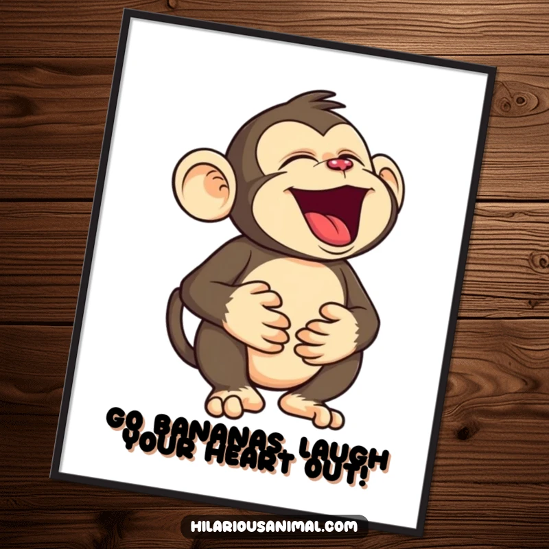 Funny Free Printable Wall Art: Silly monkey character holding its belly, roaring with infectious laughter and joy.