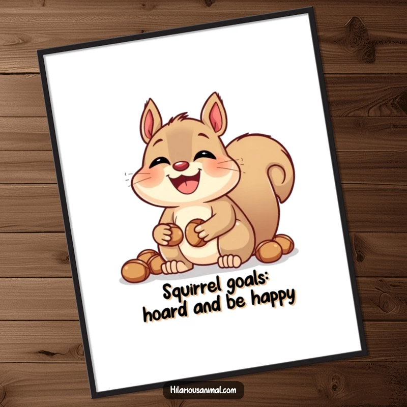 Funny Free Printable wall art featuring a gleefully laughing squirrel with overstuffed cheeks, diligently hiding its winter nut stash.