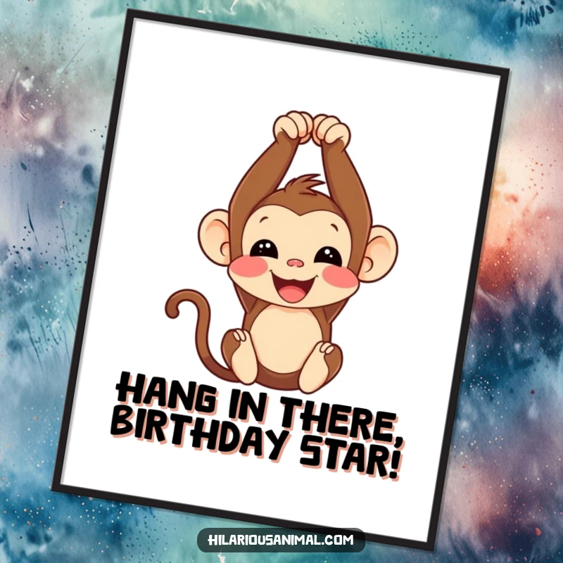 Funny Free Printable Wall Art: A joyful monkey cub hanging upside down, chuckling, adding a whimsical and humorous touch to any room.