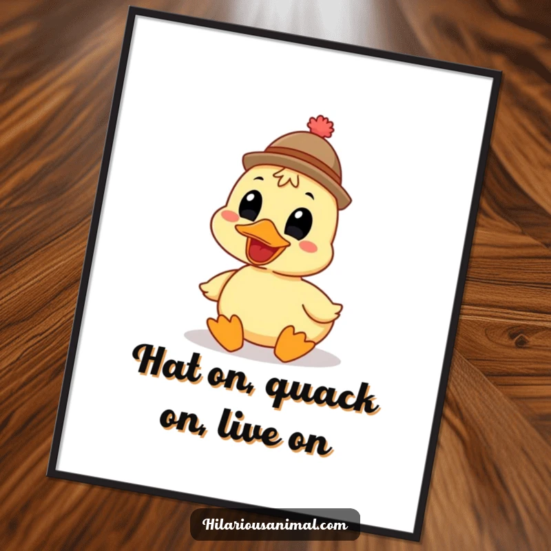 Funny Free Printable wall art depicting a grinning duck in a comical hat, quacking heartily with pure delight.