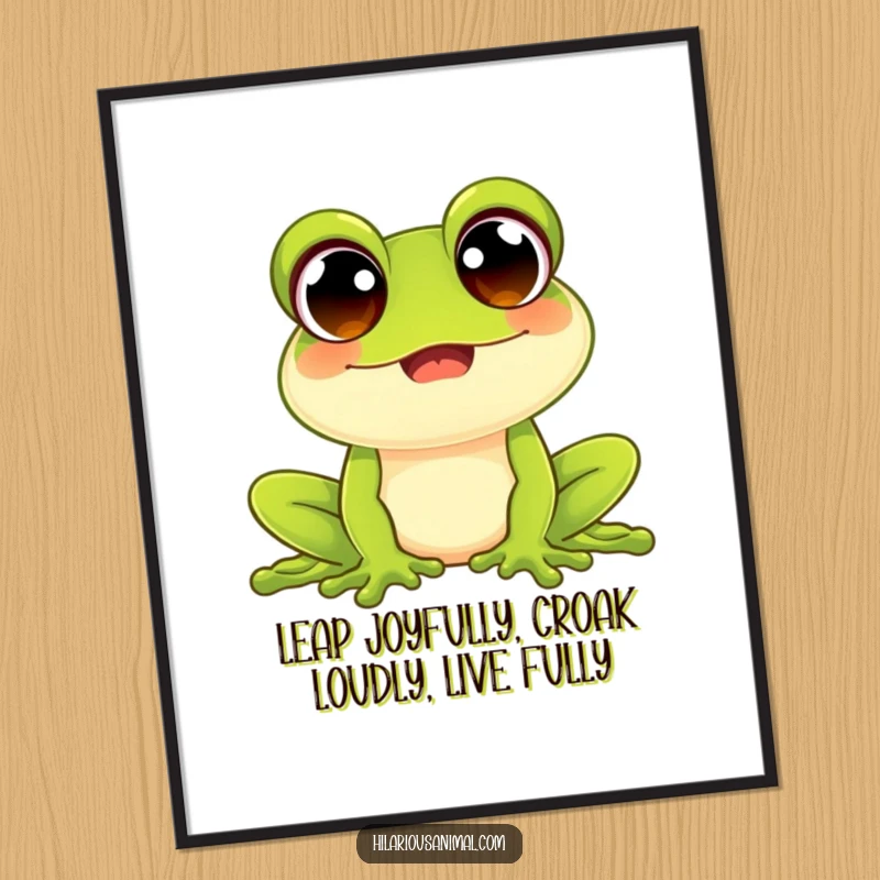 Funny Free Printable wall art featuring a radiant frog with wide, ecstatic eyes, joyfully croaking its happy tune.