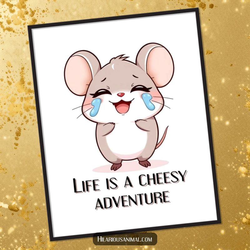 Funny Free Printable Wall Art: A small mouse laughing heartily with tears streaming, perfect for humorous downloadable decor.